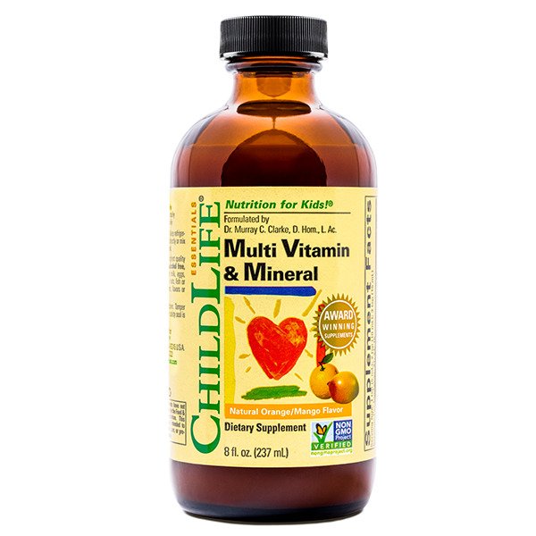 Child Life multivitaminų ir mineralų rinkinys, natūralus apelsinų/mangų skonis – 237 ml.