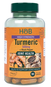 Holland & Barrett didelio stiprumo ciberžolė su juodaisiais pipirais, 600 mg – 90 kapsulių