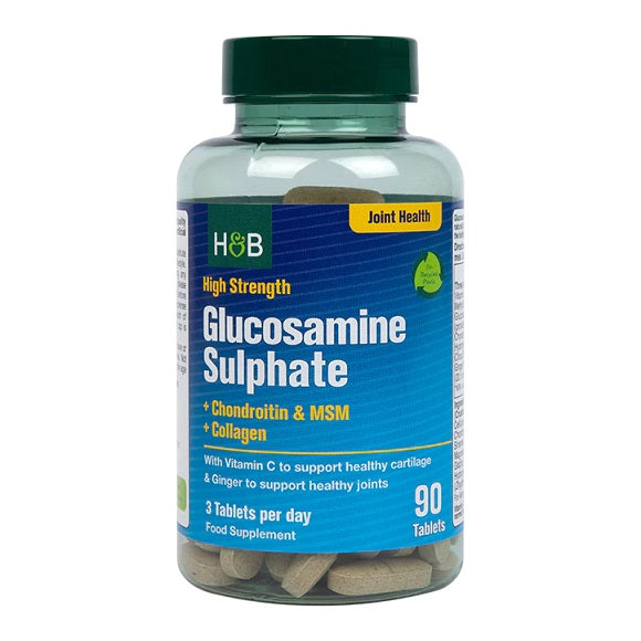 Holland & Barrett didelio stiprumo gliukozamino sulfatas + chondroitinas ir MSM + kolagenas – 90 tablečių