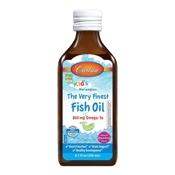Carlson Labs Kid's aukščiausios kokybės žuvų taukai, 800 mg natūralių mišrių uogų – 200 ml.