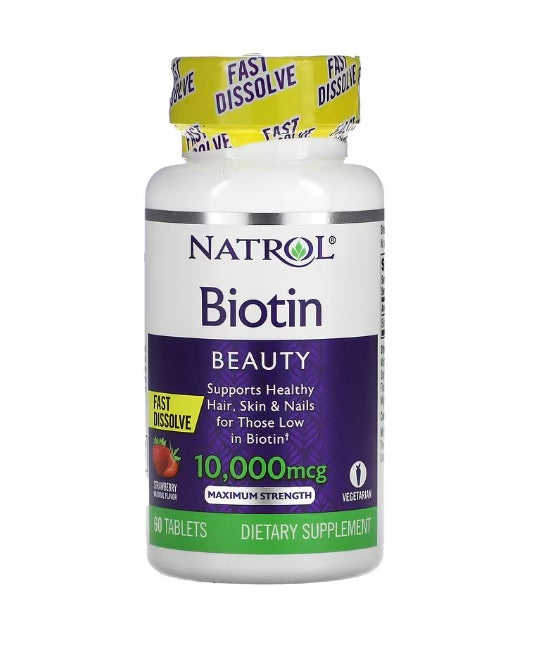 Natrol Biotin Fast Dissolve, 10000mcg (braškių) - 60 tablečių