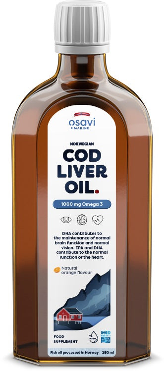 Produkto nuotrauka: Osavi Norwegian Cod Liver Oil, 1000mg Omega 3 (apelsinas) - 250 ml.
