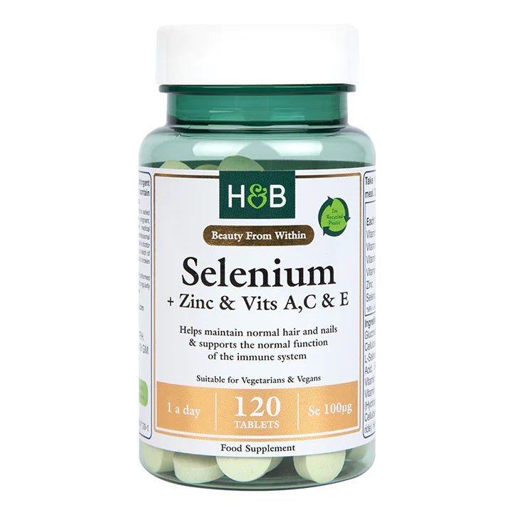 Holland & Barrett selenas + cinkas ir vitaminai A, C ir E, 100 mcg – 120 tablečių