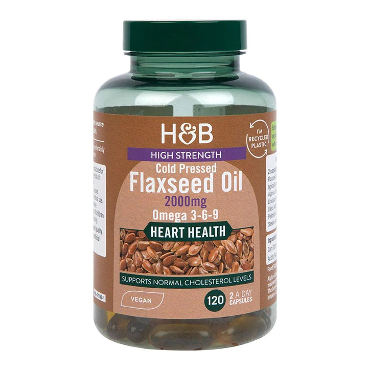 Holland & Barrett didelio stiprumo šalto spaudimo linų sėmenų aliejus, 2000 mg – 120 kapsulių