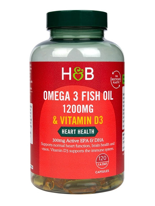Holland & Barrett Omega 3 žuvų taukai 1200 mg ir vitaminas D3 – 120 kapsulių