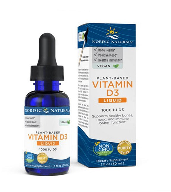 Nordic Naturals augalinės kilmės vitamino D3 skystis, 1000 TV obuolių skonio – 30 ml.