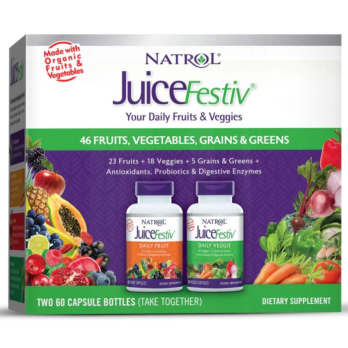 Natrol JuiceFestiv, kasdieniai vaisiai ir daržovės – 60 + 60 kapsulių