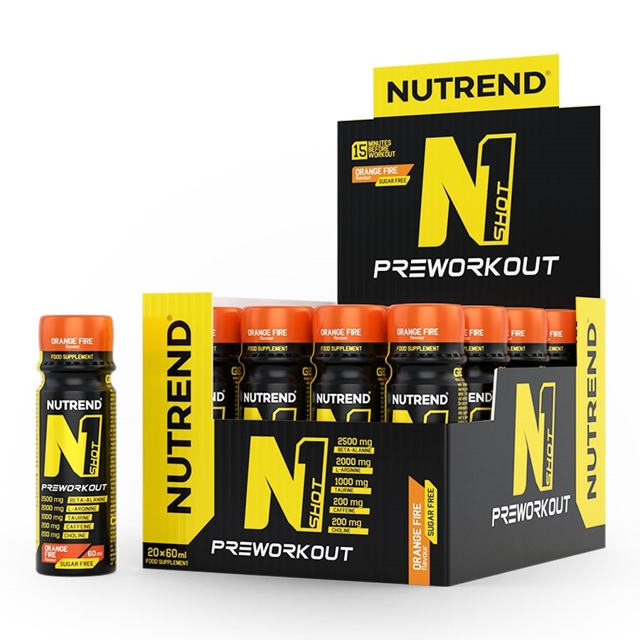 Nutrend N1 šotas, oranžinės spalvos, ugningas – 20 x 60 ml.