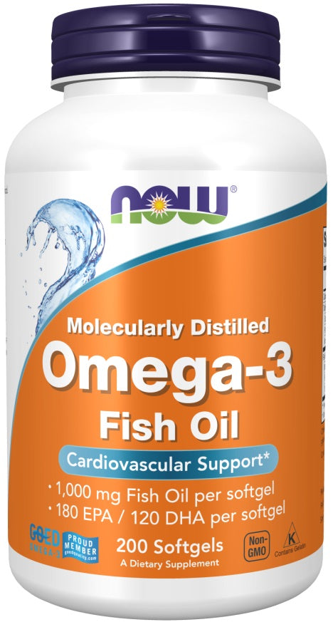 NOW Foods Omega - 3 žuvų taukai, molekuliniu būdu distiliuoti – 200 kapsulių
