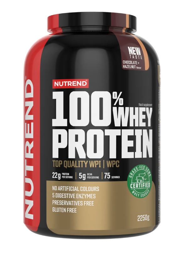 Nutrend 100% išrūgų baltymų milteliai, šokolado ir lazdyno riešutų skonio – 2250 g