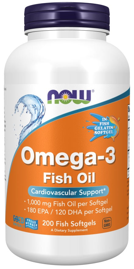 NOW Foods Omega - 3 žuvų taukai, molekuliniu būdu distiliuoti – 200 žuvų kapsulių