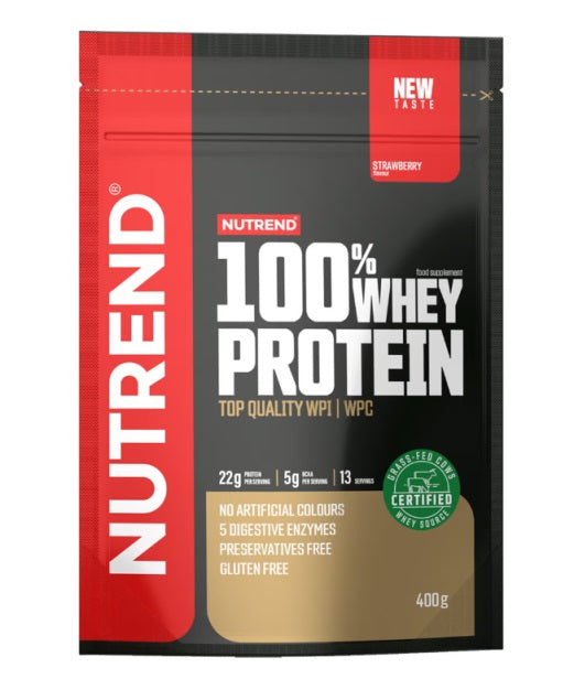 Nutrend 100% išrūgų baltymų milteliai, braškių skonio - 400 g