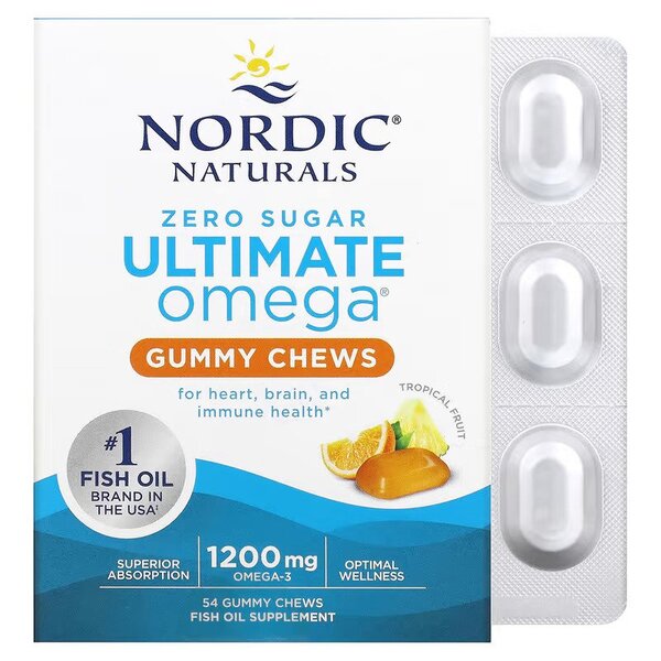 Nordic Naturals Ultimate Omega guminukai, 1200 mg su tropiniais vaisiais – 54 guminukai