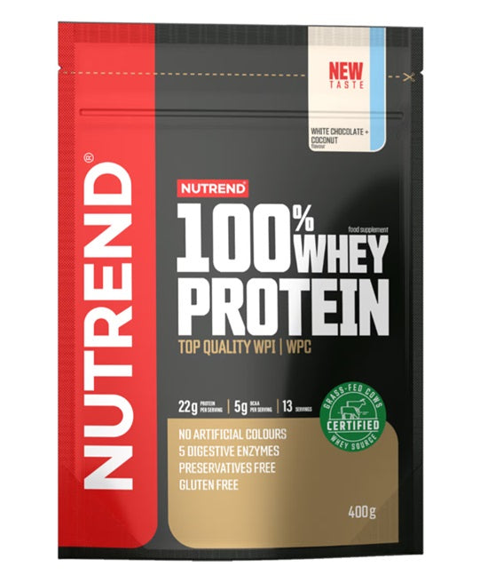 Nutrend 100% išrūgų baltymų milteliai, baltojo šokolado ir kokoso skonio – 400 g
