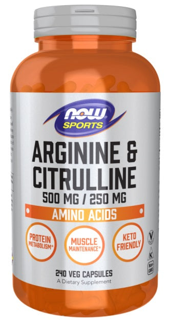 NOW Foods argininas ir citrulinas – 240 kapsulių