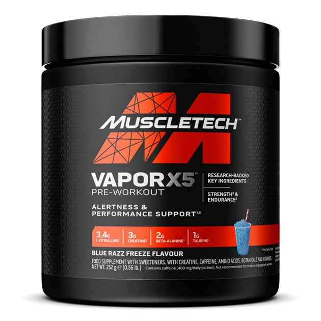 MuscleTech Vapor X5 prieš treniruotę, Blue Razz Freeze – 252 g