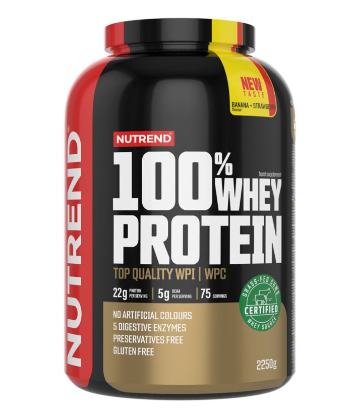 Nutrend 100% išrūgų baltymų milteliai, bananai ir braškės - 2250 g