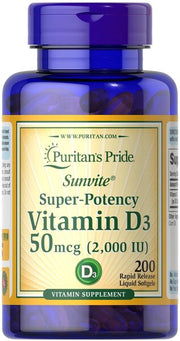 Puritan's Pride itin stiprus vitaminas D3, 50 mcg – 200 kapsulių
