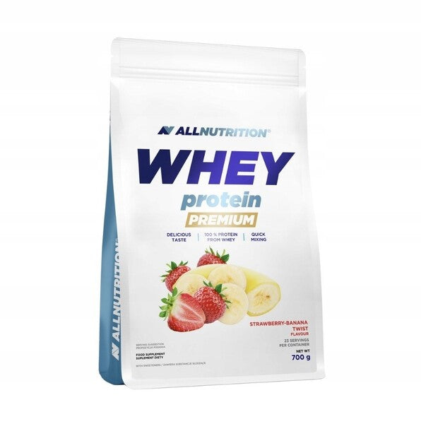 Allnutrition išrūgų baltymų koncentratas Premium, braškių ir bananų skonio – 700 g