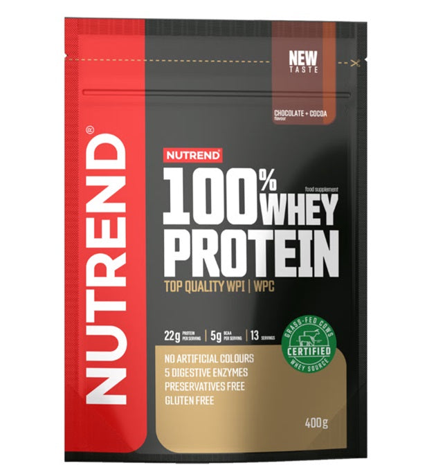 Nutrend 100% išrūgų baltymų milteliai, šokolado ir kakavos skonio – 400 g