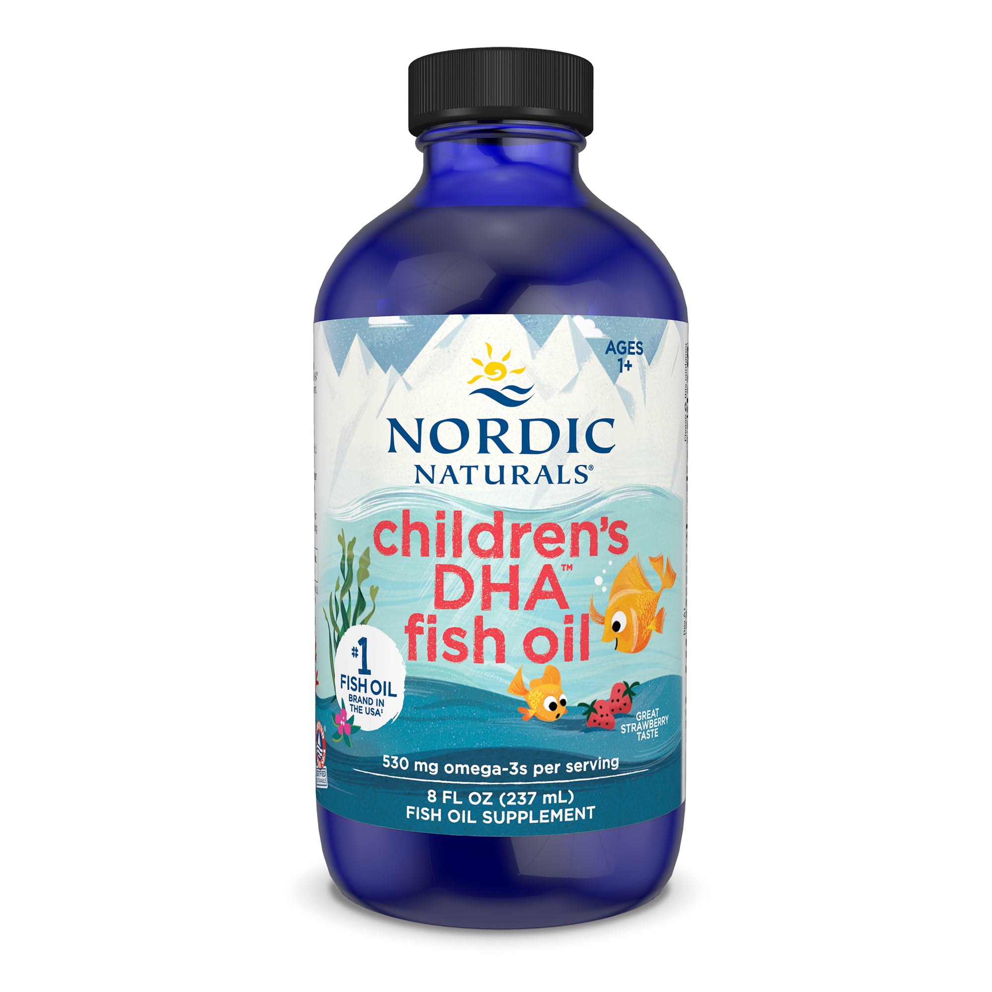 Nordic Naturals vaikams skirtas DHA, 530 mg Omega - 3, braškių skonio – 237 ml.