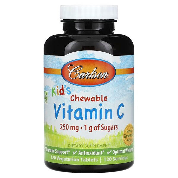 Carlson Labs vaikams kramtomos vitamino C tabletės, 250 mg natūralaus mandarino skonio – 120 vegetariškų tablečių
