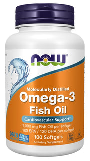 NOW Foods Omega - 3 žuvų taukai, molekuliniu būdu distiliuoti – 100 kapsulių