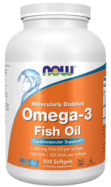 NOW Foods Omega - 3 žuvų taukai, molekuliniu būdu distiliuoti – 500 kapsulių