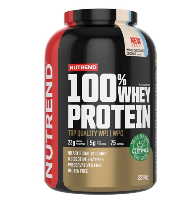 Nutrend 100% išrūgų baltymų milteliai, baltasis šokoladas ir kokosas - 2250 g
