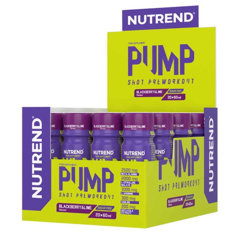 Nutrend Pump prieš treniruotę skirtas gėrimas, gervuogių ir laimo skonio – 20 x 60 ml.