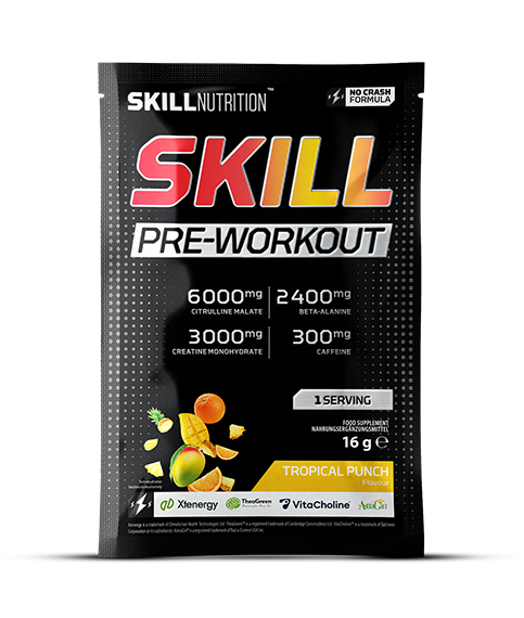 Skill Nutrition Skill prieš treniruotę skirtas papildas Tropical Punch – 16 g (1 porcija)