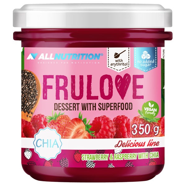 Allnutrition Frulove desertas su supermaistu, braškėmis, avietėmis ir chia sėklomis – 350 g