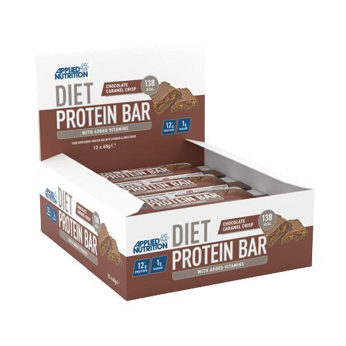 Applied Nutrition Diet baltymų batonėlis, šokolado ir karamelės skonio traškučiai – 12 x 45 g