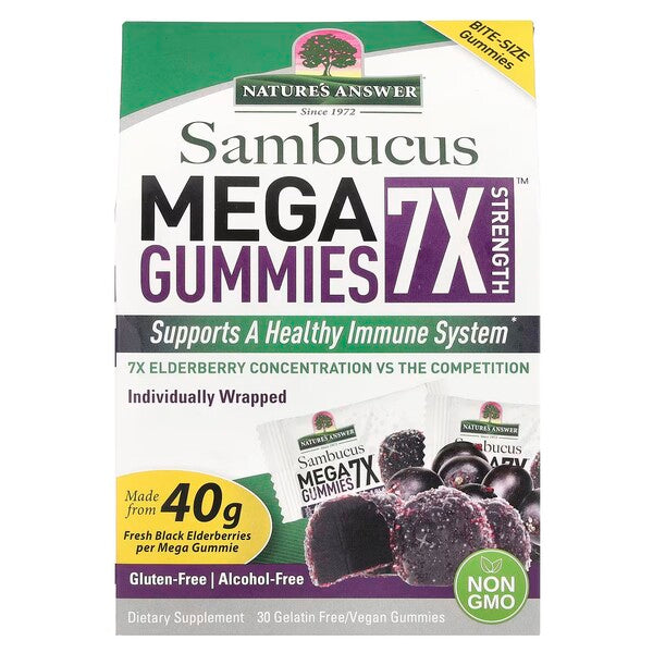 Nature's Answer Sambucus Mega Gummies 7X Strength guminukai su juodųjų šeivamedžių uogomis – 30 guminukų