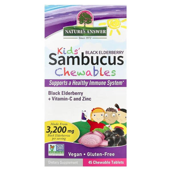 Nature's Answer Kid's Sambucus kramtomosios tabletės su juodųjų šeivamedžių uogomis – 45 kramtomosios tabletės