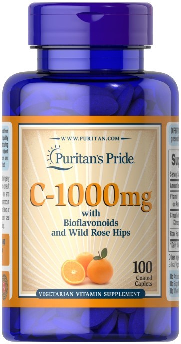 Puritan's Pride C - 1000 su bioflavonoidais ir laukinių erškėtuogių vaisiais, 1000 mg – 100 kapsulių