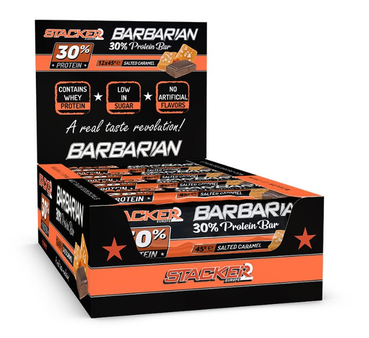 Stacker2 Europe Barbarian 30 % baltymų batonėlis, sūdytos karamelės skonio – 12 x 45 g
