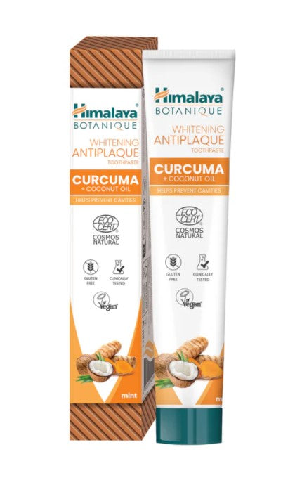 Himalaya balinamoji dantų pasta nuo apnašų su ciberžole ir kokosų aliejumi, mėtomis - 75 ml.