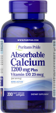 Puritan's Pride absorbuojamasis kalcis + vitaminas D3 – 200 kapsulių