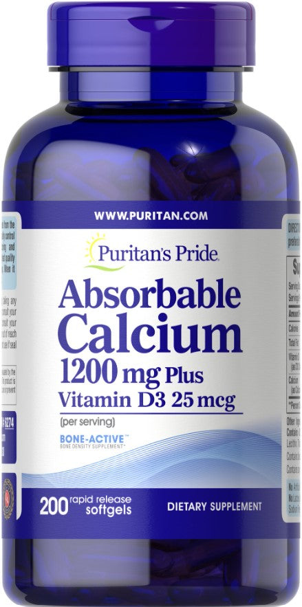 Puritan's Pride absorbuojamasis kalcis + vitaminas D3 – 200 kapsulių