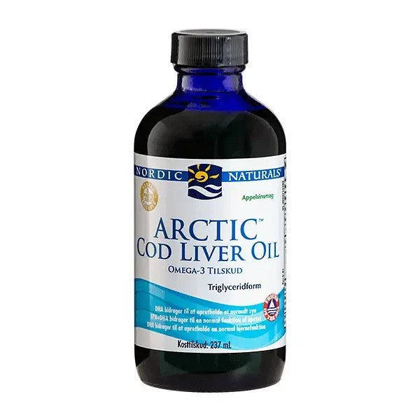 Nordic Naturals (Danijos etiketė) arktinių menkių kepenų aliejus, 1060 mg apelsinų skonio – 237 ml.