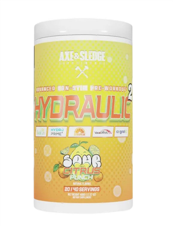 Axe & Sledge hidraulinis V2 nestimuliuojantis prieštreniruotinis gėrimas su rūgštaus citrusinio skonio priedais – 498 g