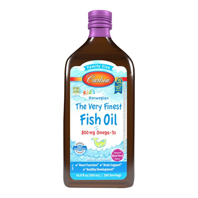 Carlson Labs Kid's aukščiausios kokybės žuvų taukai, 800 mg mišrių uogų – 500 ml.