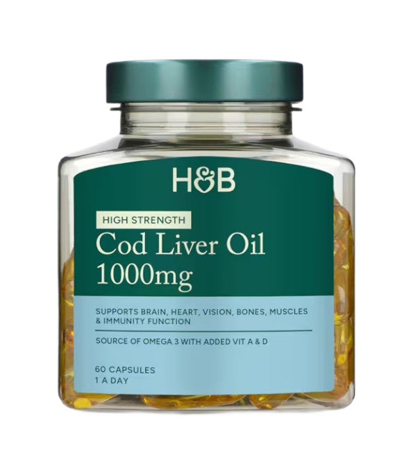 Holland & Barrett didelės koncentracijos menkių kepenų aliejus, 1000 mg – 60 kapsulių