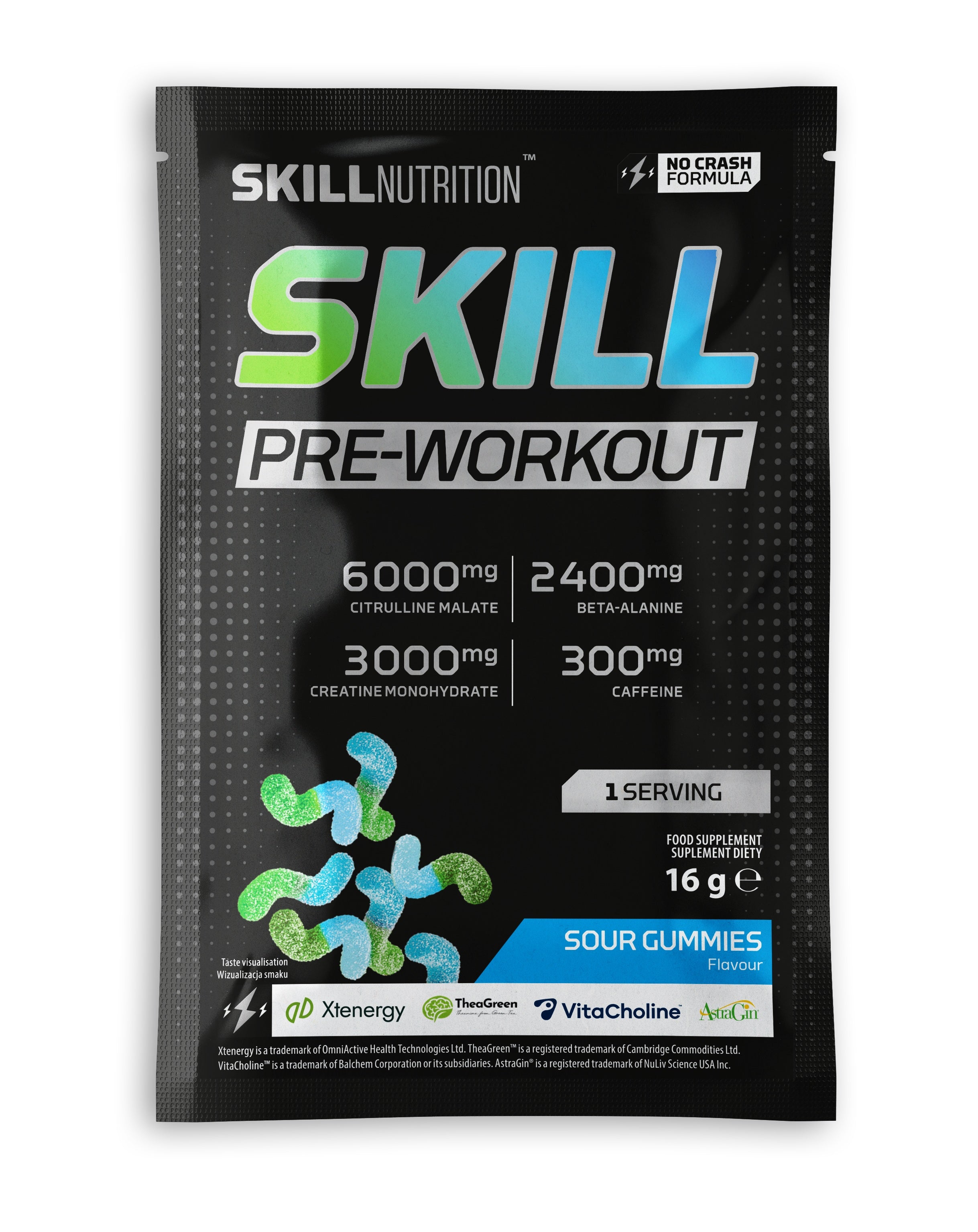 Skill Nutrition Skill rūgštūs guminukai prieš treniruotę – 16 g (1 porcija)