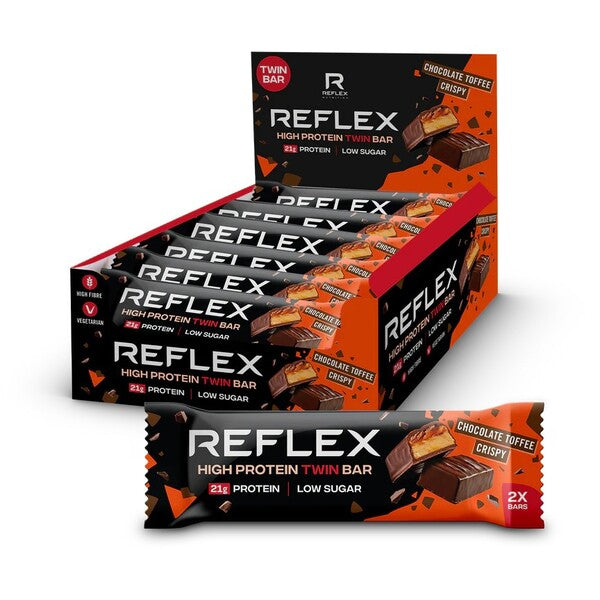 Reflex Nutrition didelio baltymų dvigubas batonėlis, šokoladinis ir karamelės skonio traškus – 12 x 60 g