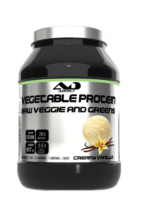 Addict Sport Nutrition daržovių baltymų milteliai, žalios daržovės ir žalumynai, kreminės vanilės skonio – 750 g