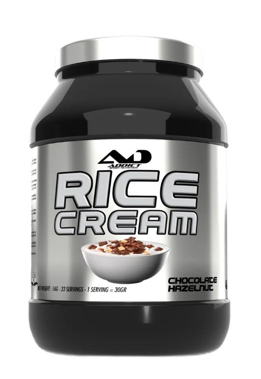 Addict Sport Nutrition ryžių kremas su šokolado ir lazdyno riešutų skonio priedais – 1000 g