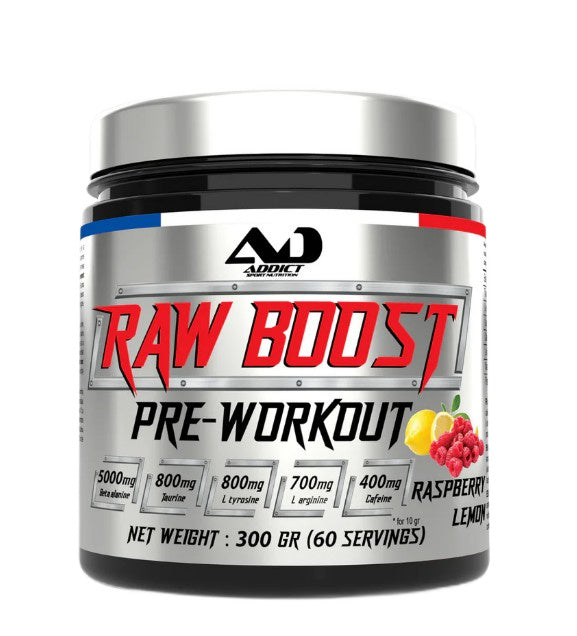 Addict Sport Nutrition Raw Boost prieš treniruotę, aviečių ir citrinų skonio – 300 g