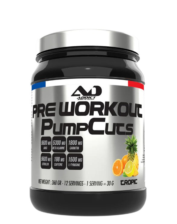 Addict Sport Nutrition prieš treniruotę skirti Pump Cuts baltymai, Tropic – 360 g